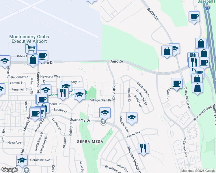 map of restaurants, bars, coffee shops, grocery stores, and more near 3559 Ruffin Road in San Diego