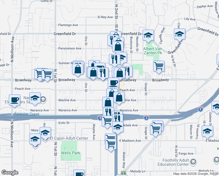 map of restaurants, bars, coffee shops, grocery stores, and more near 1284 Peach Avenue in El Cajon