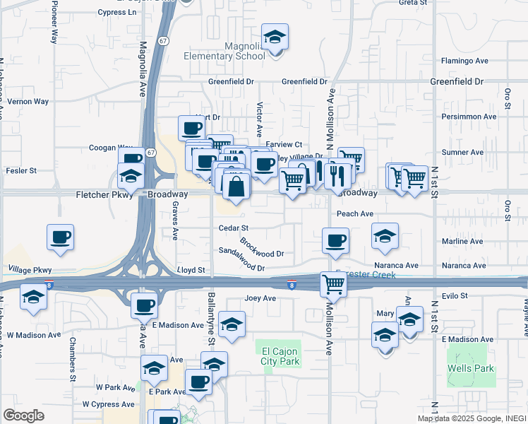 map of restaurants, bars, coffee shops, grocery stores, and more near 828 Cherrywood Way in El Cajon