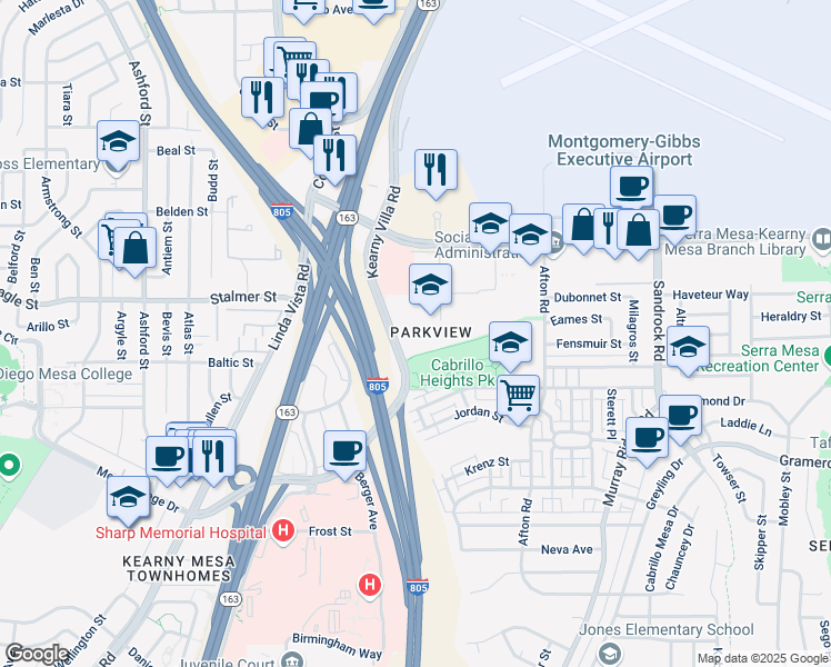 map of restaurants, bars, coffee shops, grocery stores, and more near 3455 Kearny Villa Road in San Diego
