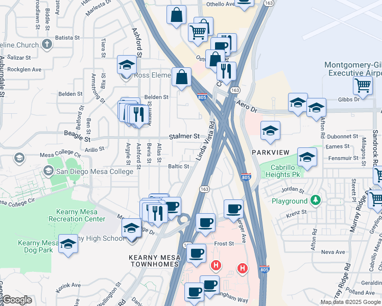 map of restaurants, bars, coffee shops, grocery stores, and more near 7890 Linda Vista Road in San Diego