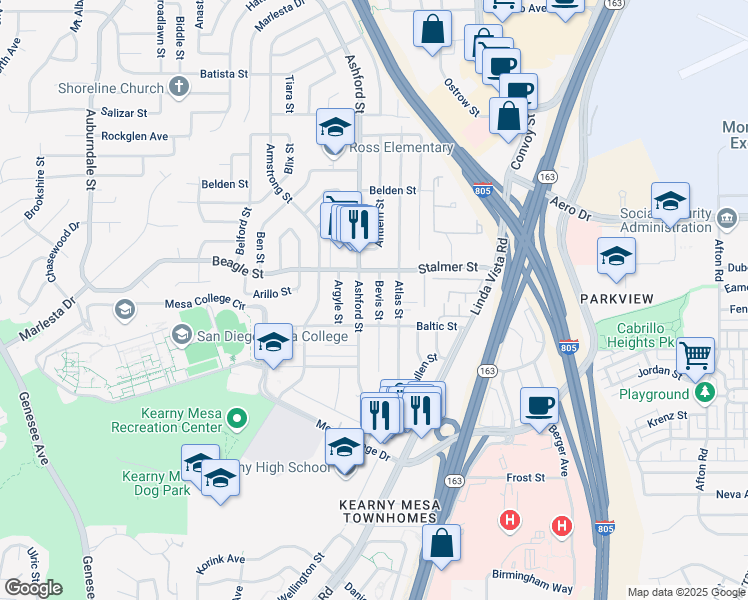 map of restaurants, bars, coffee shops, grocery stores, and more near 3427 Bevis Street in San Diego