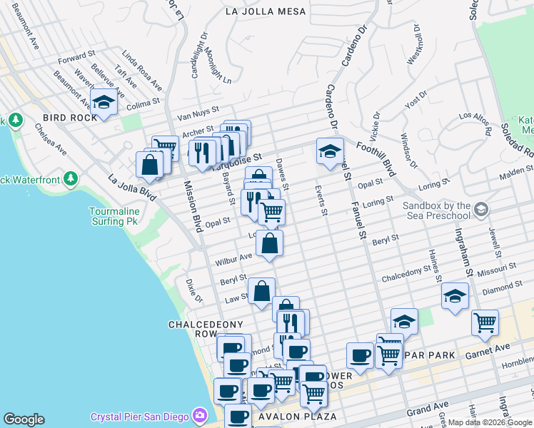 map of restaurants, bars, coffee shops, grocery stores, and more near 5040 Cass Street in San Diego