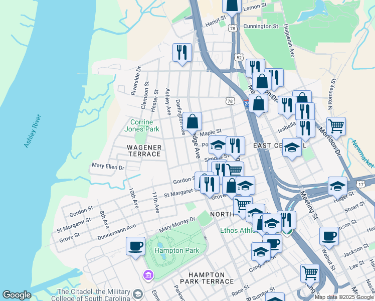 map of restaurants, bars, coffee shops, grocery stores, and more near 815 Rutledge Avenue in Charleston