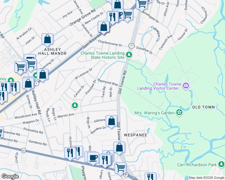 map of restaurants, bars, coffee shops, grocery stores, and more near 1378 Nye Street in Charleston