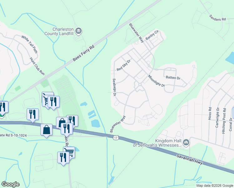 map of restaurants, bars, coffee shops, grocery stores, and more near 1417 Bimini Drive in Charleston