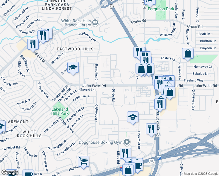 map of restaurants, bars, coffee shops, grocery stores, and more near 1518 John West Road in Dallas