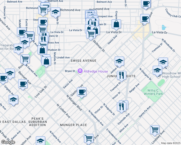 map of restaurants, bars, coffee shops, grocery stores, and more near 5597 Gaston Avenue in Dallas