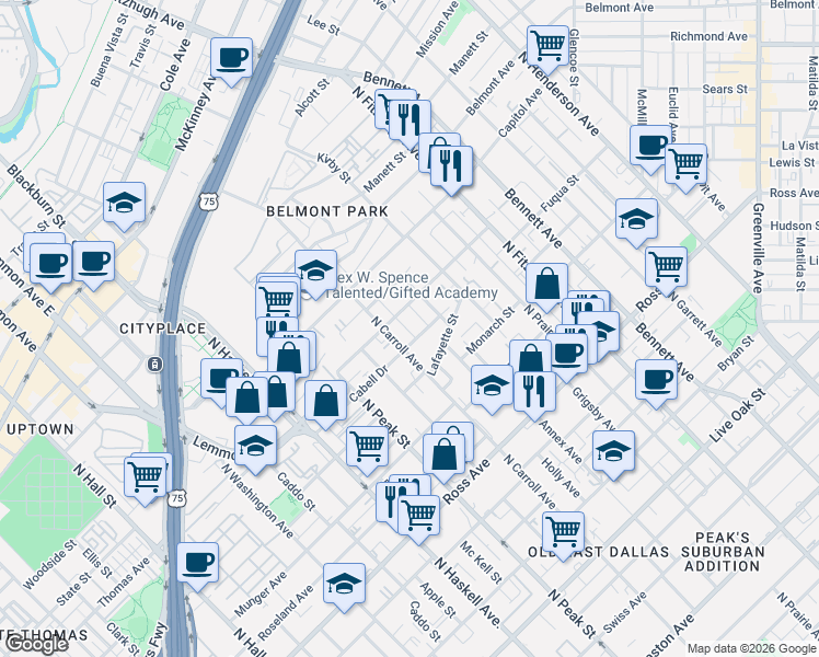 map of restaurants, bars, coffee shops, grocery stores, and more near 2218 North Carroll Avenue in Dallas