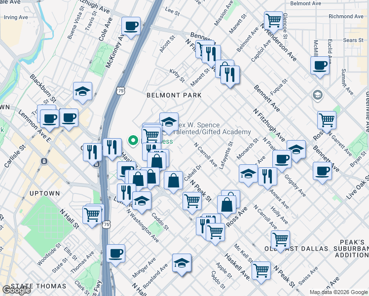 map of restaurants, bars, coffee shops, grocery stores, and more near 4407 Deere Street in Dallas