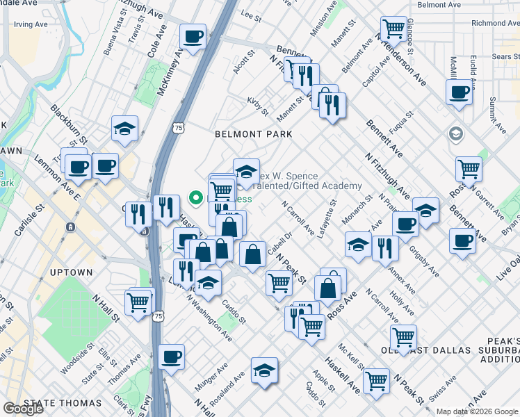 map of restaurants, bars, coffee shops, grocery stores, and more near 4407 Deere Street in Dallas