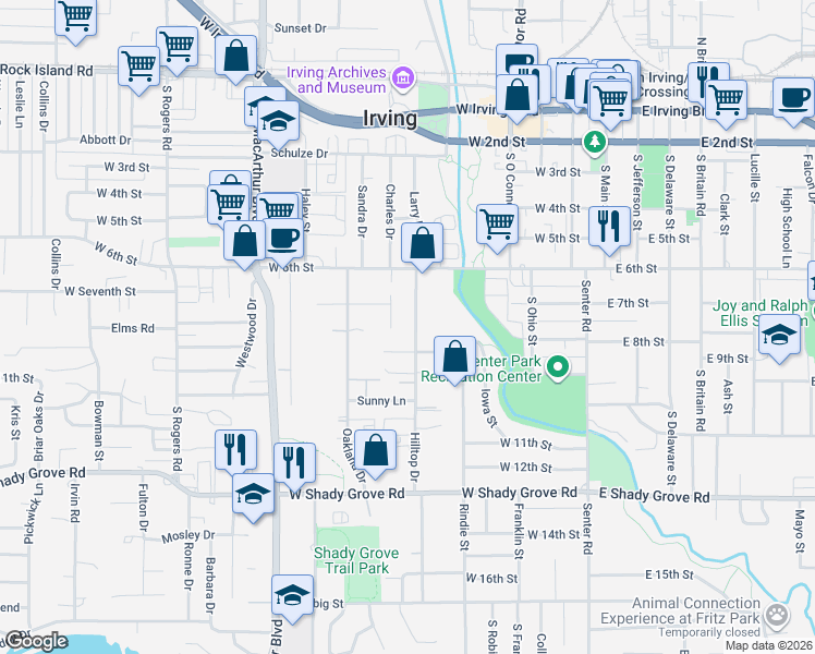 map of restaurants, bars, coffee shops, grocery stores, and more near 715 Hilltop Drive in Irving