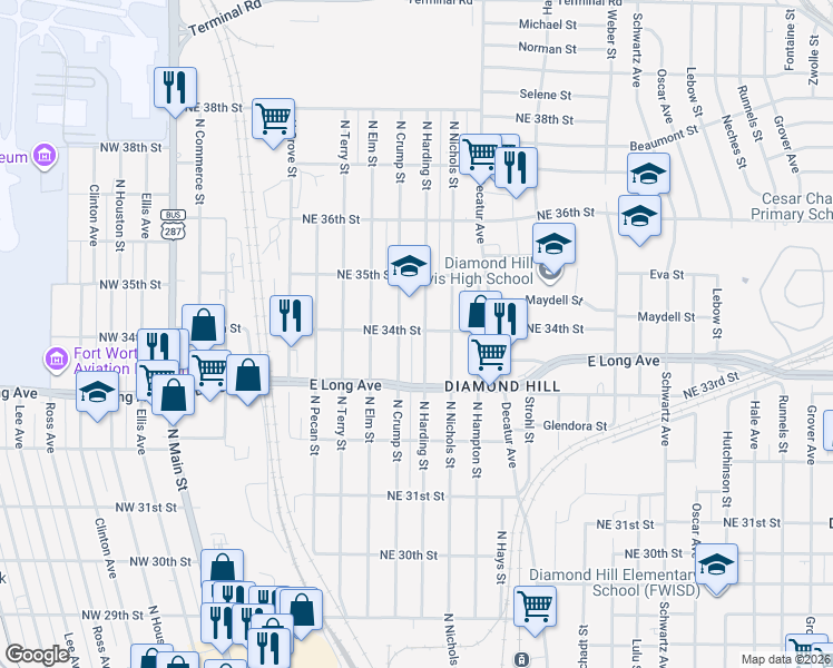 map of restaurants, bars, coffee shops, grocery stores, and more near 3420 North Crump Street in Fort Worth