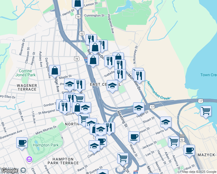 map of restaurants, bars, coffee shops, grocery stores, and more near 670 Meeting Street in Charleston