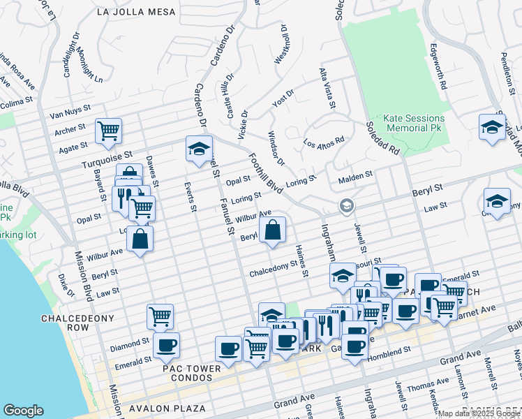 map of restaurants, bars, coffee shops, grocery stores, and more near 1402 Wilbur Avenue in San Diego