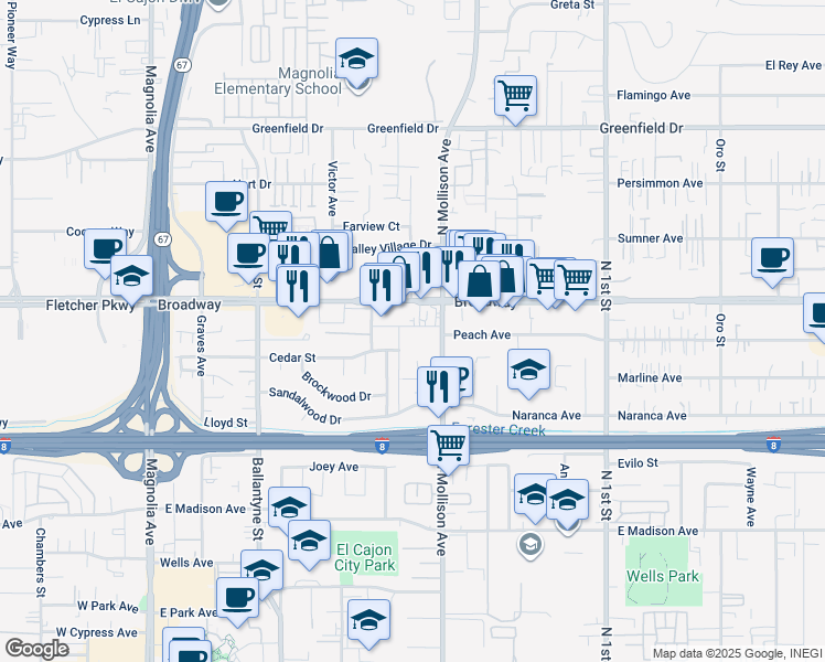 map of restaurants, bars, coffee shops, grocery stores, and more near 848 North Mollison Avenue in El Cajon