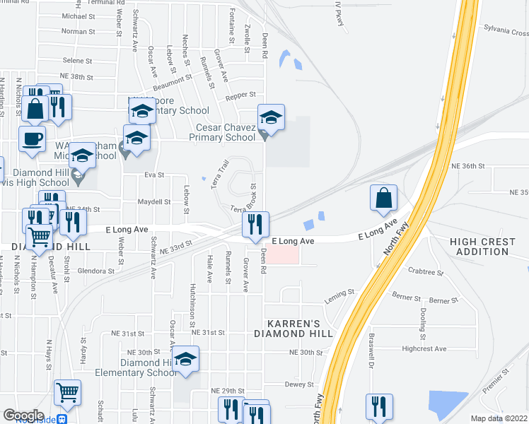 map of restaurants, bars, coffee shops, grocery stores, and more near 3506 Deen Road in Fort Worth