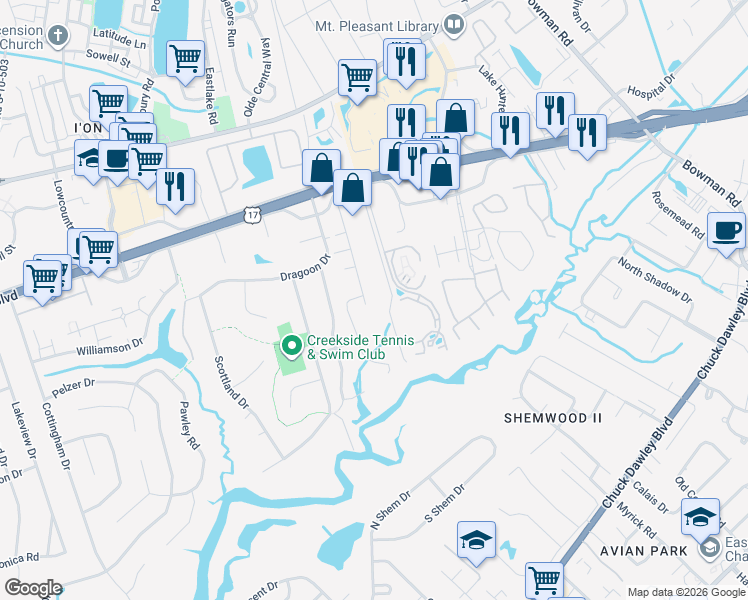 map of restaurants, bars, coffee shops, grocery stores, and more near 970 Pine Hollow Road in Mount Pleasant