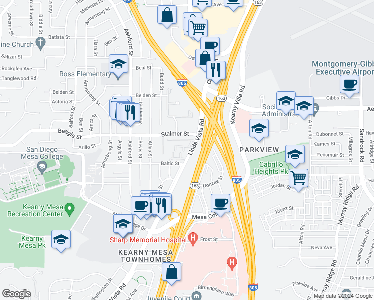 map of restaurants, bars, coffee shops, grocery stores, and more near 8020 Linda Vista Road in San Diego