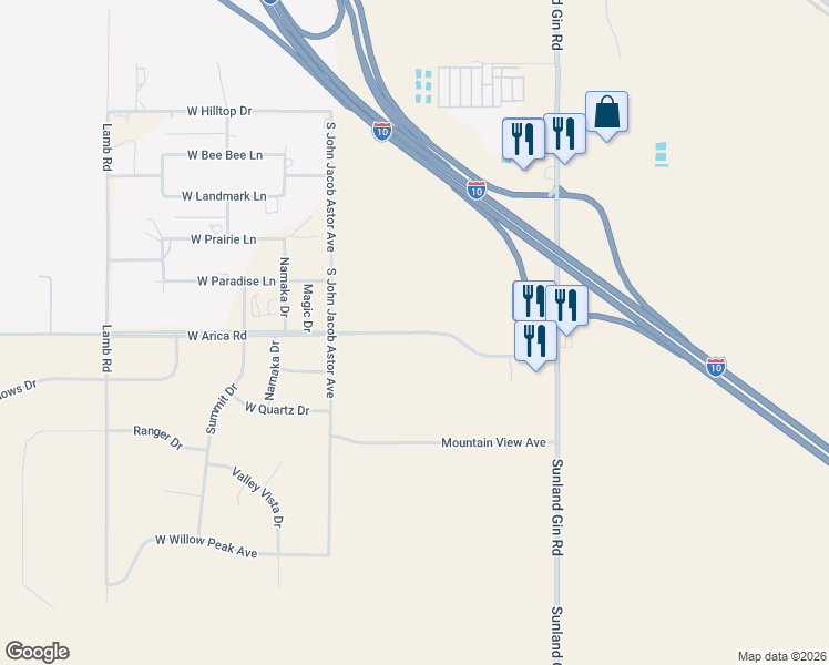 map of restaurants, bars, coffee shops, grocery stores, and more near 10160 West Arica Road in Casa Grande