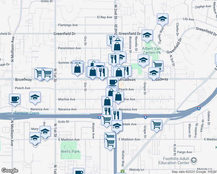 map of restaurants, bars, coffee shops, grocery stores, and more near 1284 Peach Avenue in El Cajon