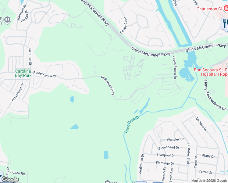 map of restaurants, bars, coffee shops, grocery stores, and more near 2690 Rutherford Way in Charleston