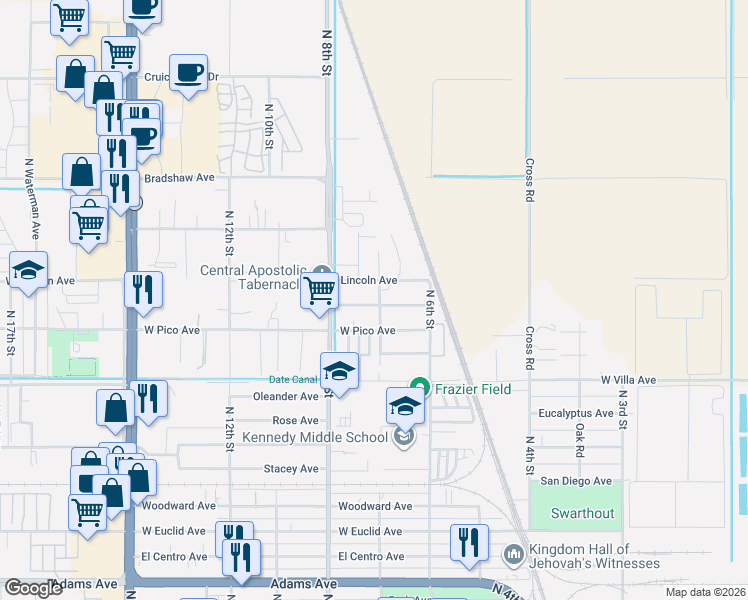 map of restaurants, bars, coffee shops, grocery stores, and more near 735 West Buena Vista Avenue in El Centro