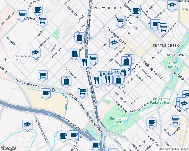 map of restaurants, bars, coffee shops, grocery stores, and more near 4020 Maple Avenue in Dallas