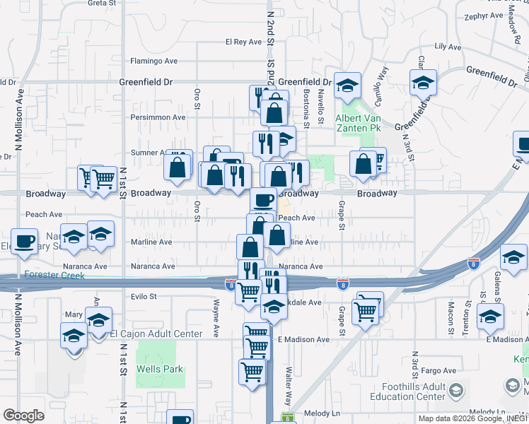 map of restaurants, bars, coffee shops, grocery stores, and more near 854 North 2nd Street in El Cajon