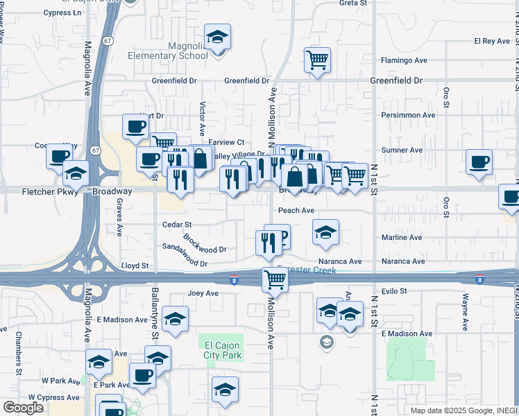 map of restaurants, bars, coffee shops, grocery stores, and more near 848 North Mollison Avenue in El Cajon