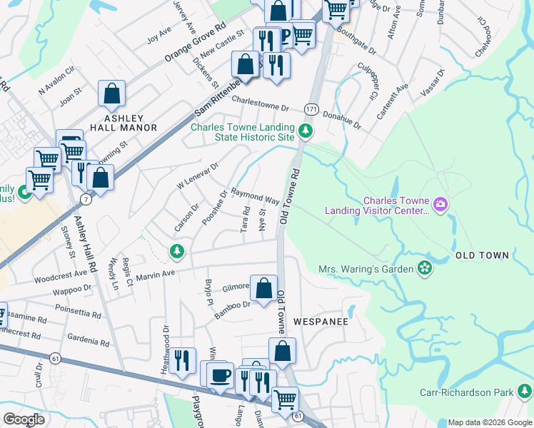 map of restaurants, bars, coffee shops, grocery stores, and more near 1378 Nye Street in Charleston