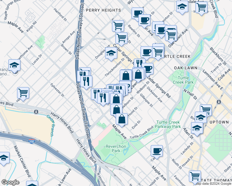 map of restaurants, bars, coffee shops, grocery stores, and more near 3822 Brown Street in Dallas