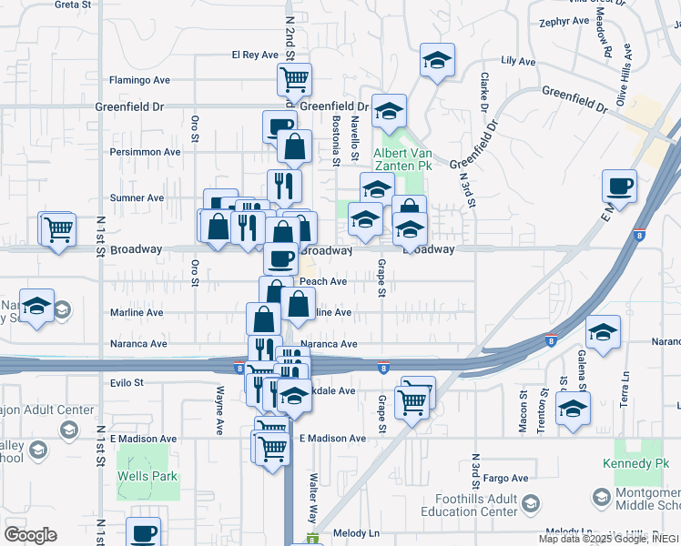 map of restaurants, bars, coffee shops, grocery stores, and more near 1352 Peach Avenue in El Cajon