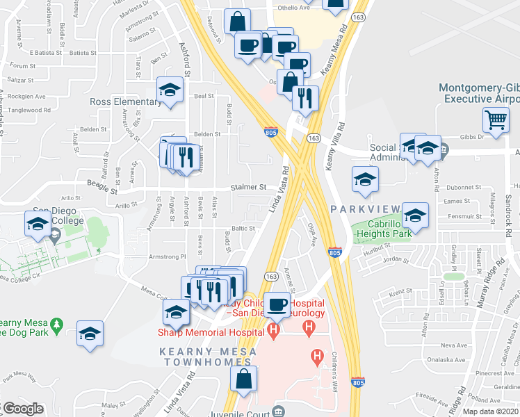 map of restaurants, bars, coffee shops, grocery stores, and more near 8020 Linda Vista Road in San Diego