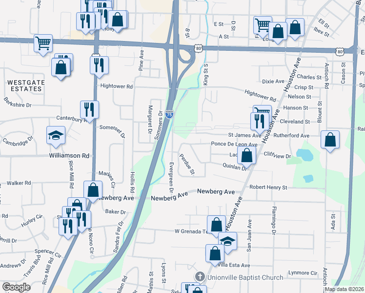 map of restaurants, bars, coffee shops, grocery stores, and more near 980 South Ponce De Leon Circle in Macon