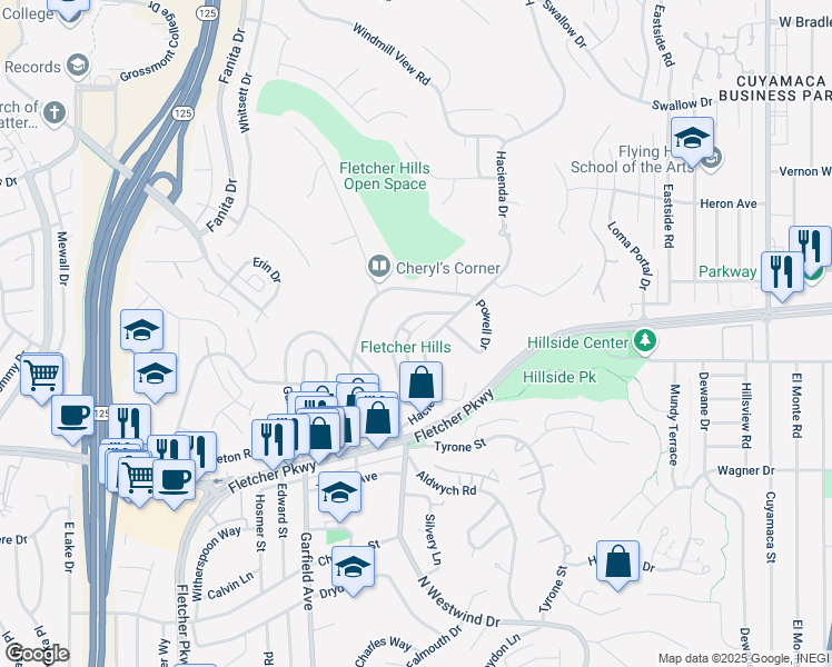 map of restaurants, bars, coffee shops, grocery stores, and more near 874 Hacienda Drive in El Cajon