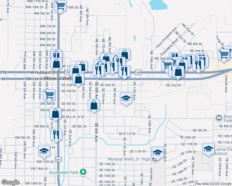map of restaurants, bars, coffee shops, grocery stores, and more near 415 Southeast 9th Avenue in Mineral Wells