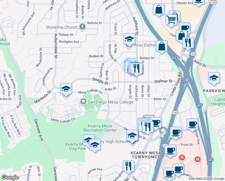 map of restaurants, bars, coffee shops, grocery stores, and more near 7273 Arillo Street in San Diego