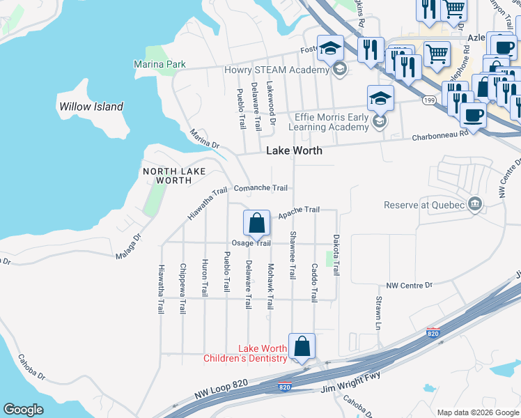 map of restaurants, bars, coffee shops, grocery stores, and more near 3321 Mohawk Trail in Fort Worth
