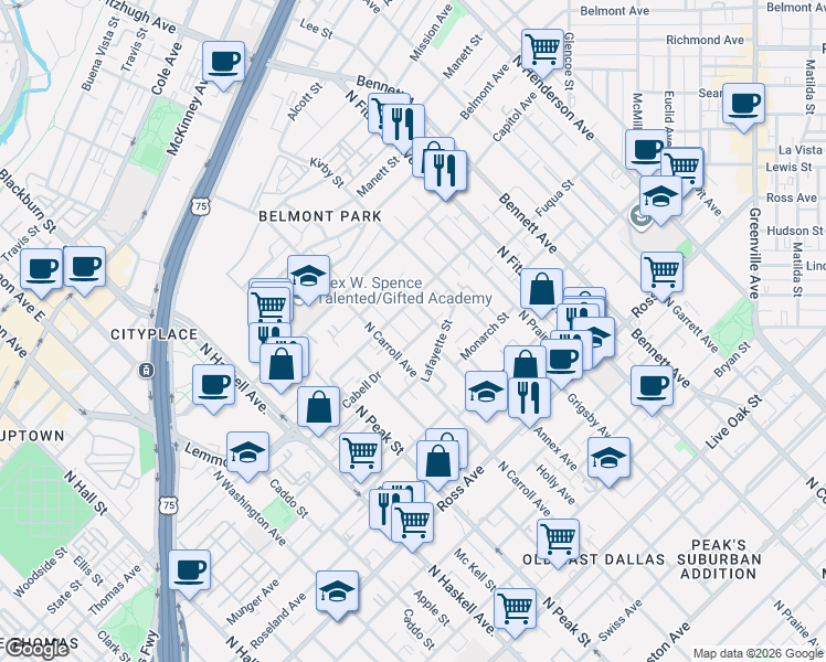 map of restaurants, bars, coffee shops, grocery stores, and more near 2221 Aarhus Way in Dallas