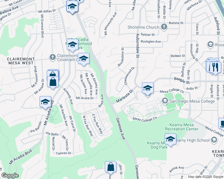 map of restaurants, bars, coffee shops, grocery stores, and more near 3405 Aveley Place in San Diego