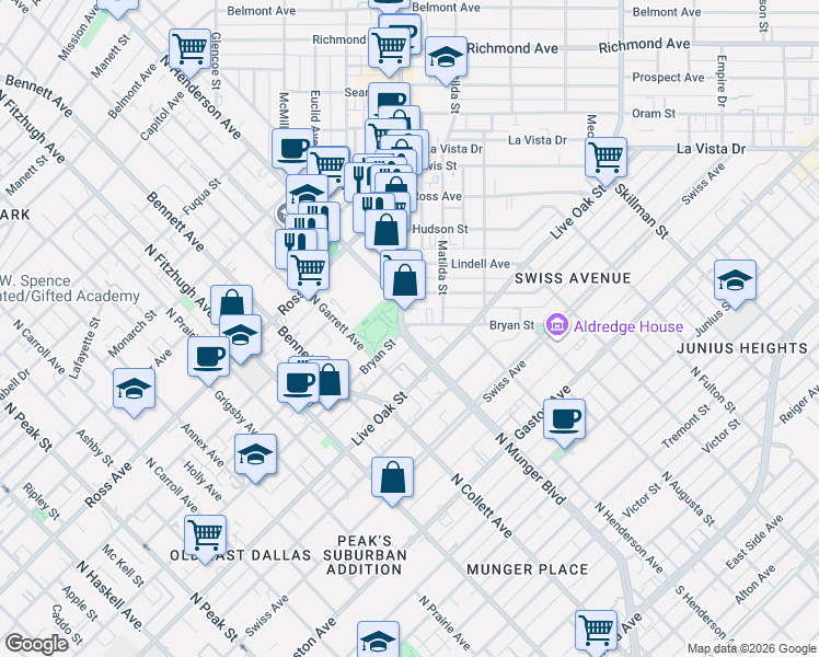 map of restaurants, bars, coffee shops, grocery stores, and more near 5200 Bryan St in Dallas