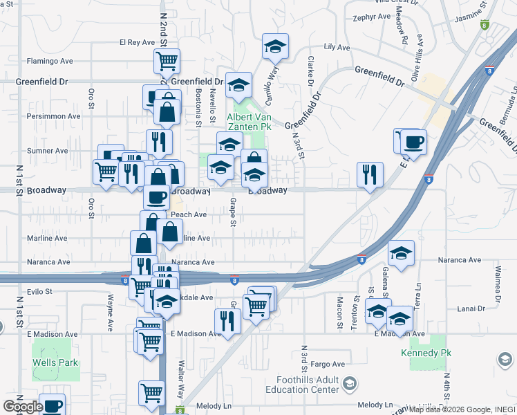 map of restaurants, bars, coffee shops, grocery stores, and more near 1434 Peach Avenue in El Cajon
