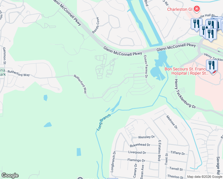 map of restaurants, bars, coffee shops, grocery stores, and more near 2607 Rutherford Way in Charleston