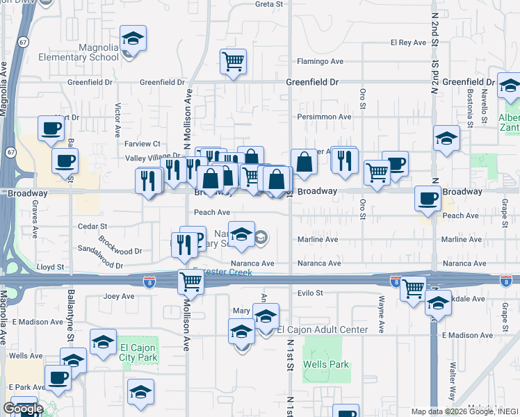 map of restaurants, bars, coffee shops, grocery stores, and more near 1038 Peach Avenue in El Cajon