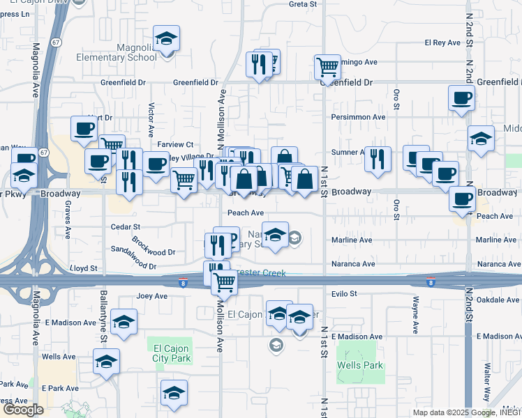 map of restaurants, bars, coffee shops, grocery stores, and more near 989 Peach Avenue in El Cajon