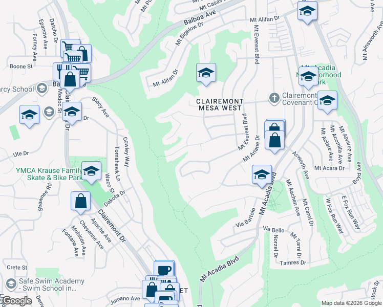 map of restaurants, bars, coffee shops, grocery stores, and more near 3462 Mount Everest Boulevard in San Diego
