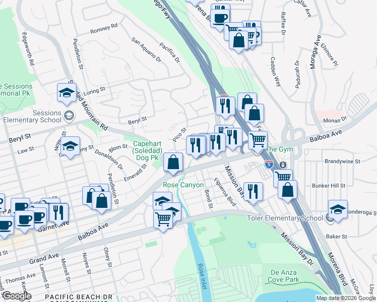 map of restaurants, bars, coffee shops, grocery stores, and more near 114 Pico Place in San Diego
