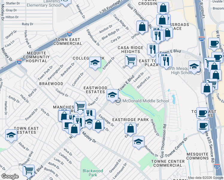 map of restaurants, bars, coffee shops, grocery stores, and more near 2801 Tedlow Trail in Mesquite