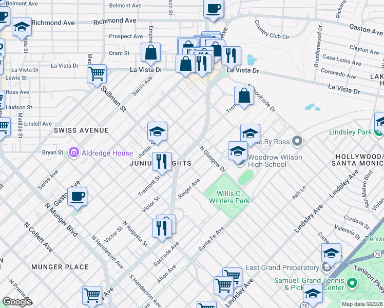 map of restaurants, bars, coffee shops, grocery stores, and more near 1510 Abrams Road in Dallas